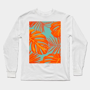 Orange and Turquoise Tropical Leaves Long Sleeve T-Shirt